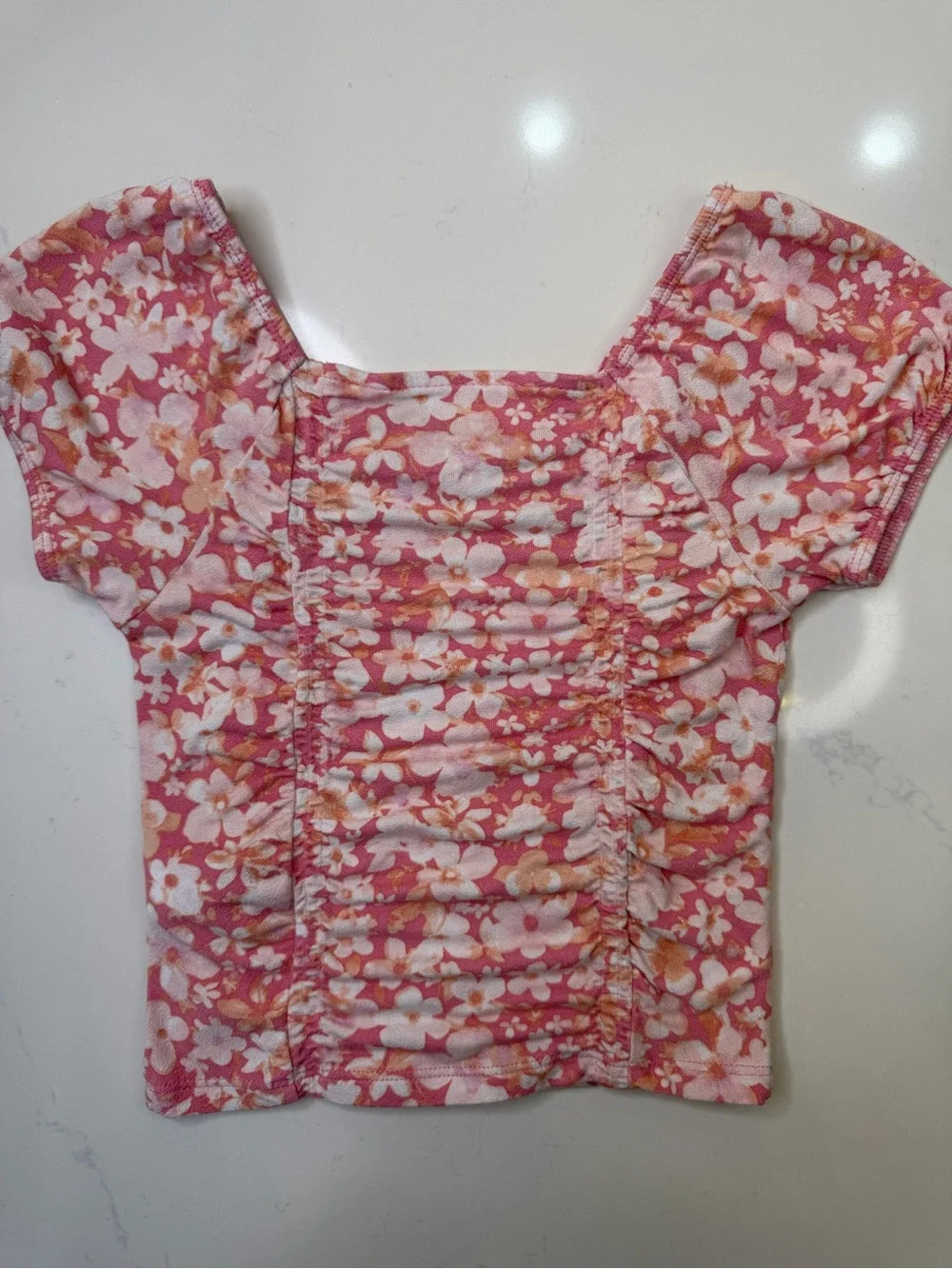 Justice Girls Floral Ruched Top Size XS 5/6 Pink Puff Sleeve Cottagecore Shirt